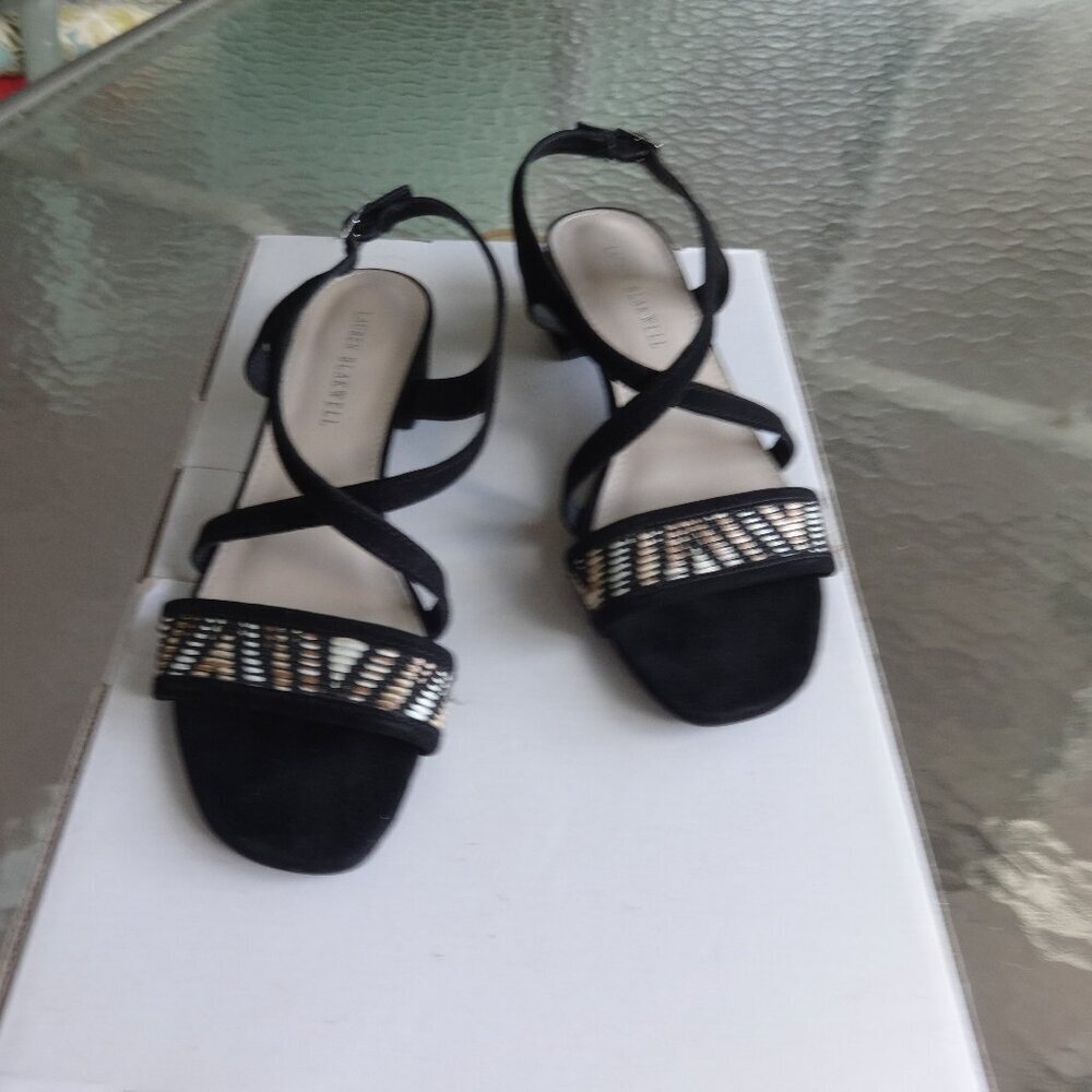 Lauren Blakwell Ruthie size 8M sandals black faux suede  gold & silver toe strap